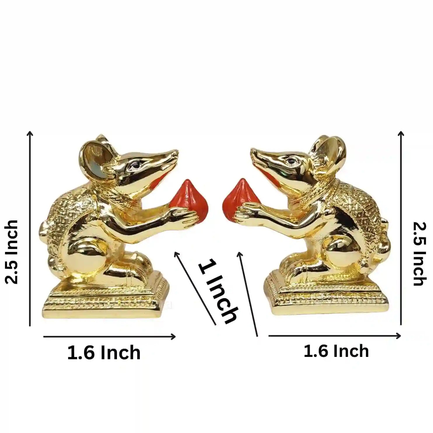 Gold-plated mushak mouse idol pair with modaks, 2.5-inch height, ideal for pooja decor and spiritual spaces.