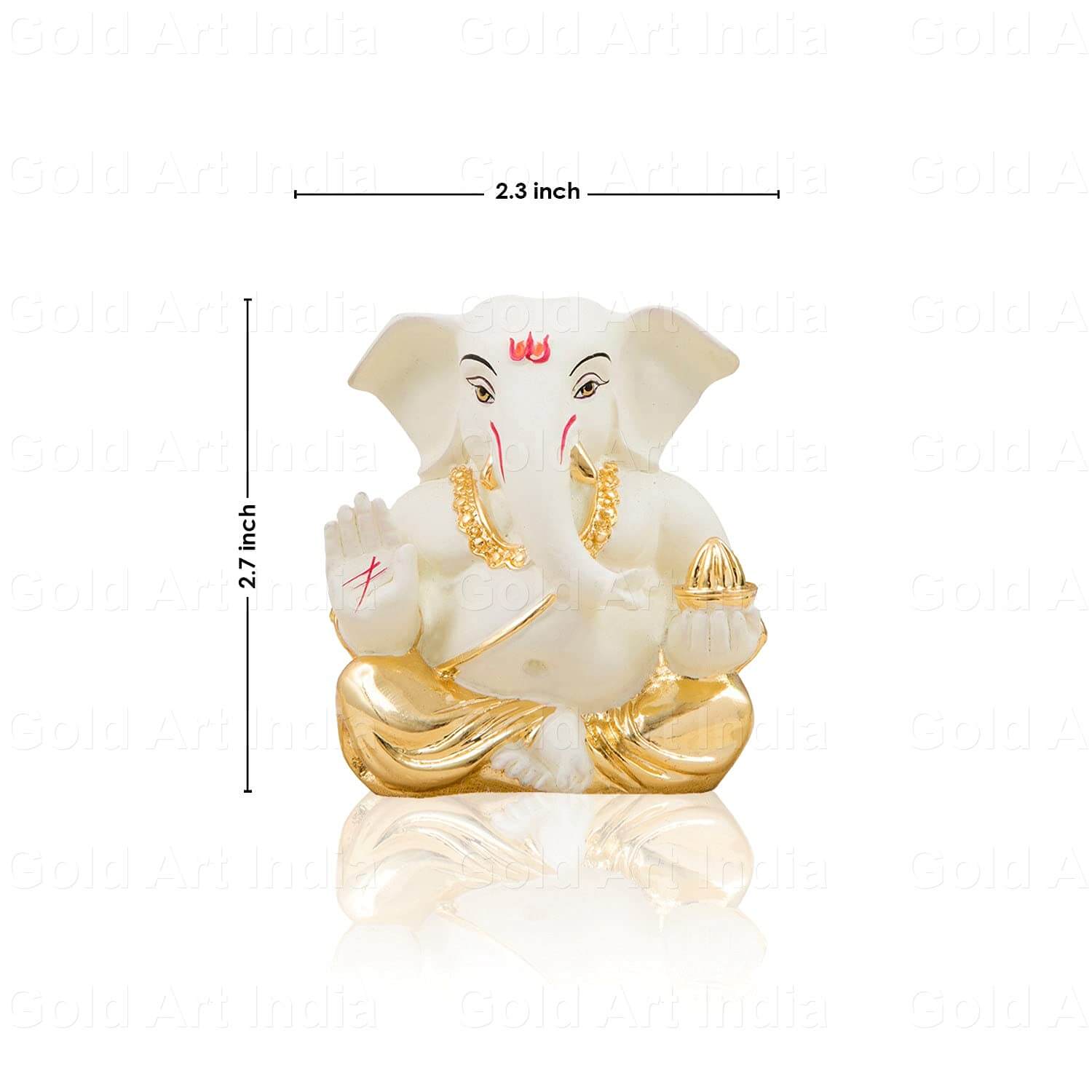 Gold plated off white terracotta Ganesha idol, 2.3" width, 2.7" height, ideal for home or car decor.