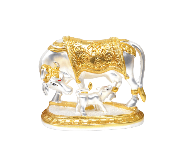 Elegant silver and gold Plated matte Kamadhenu cow and calf idol with intricate detailing, symbolizing prosperity and spiritual blessings. Perfect for home decor, puja rituals, and gifting