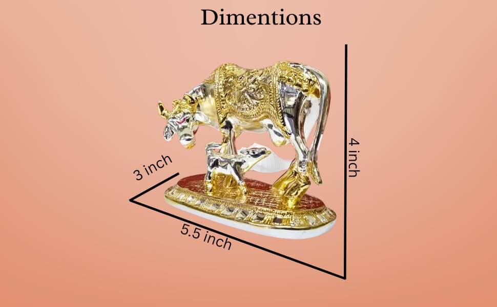 Dimensions of OM KAMDHENU Cow and Calf statue: 3" height, 5.5" width, and 4" depth for home decor.