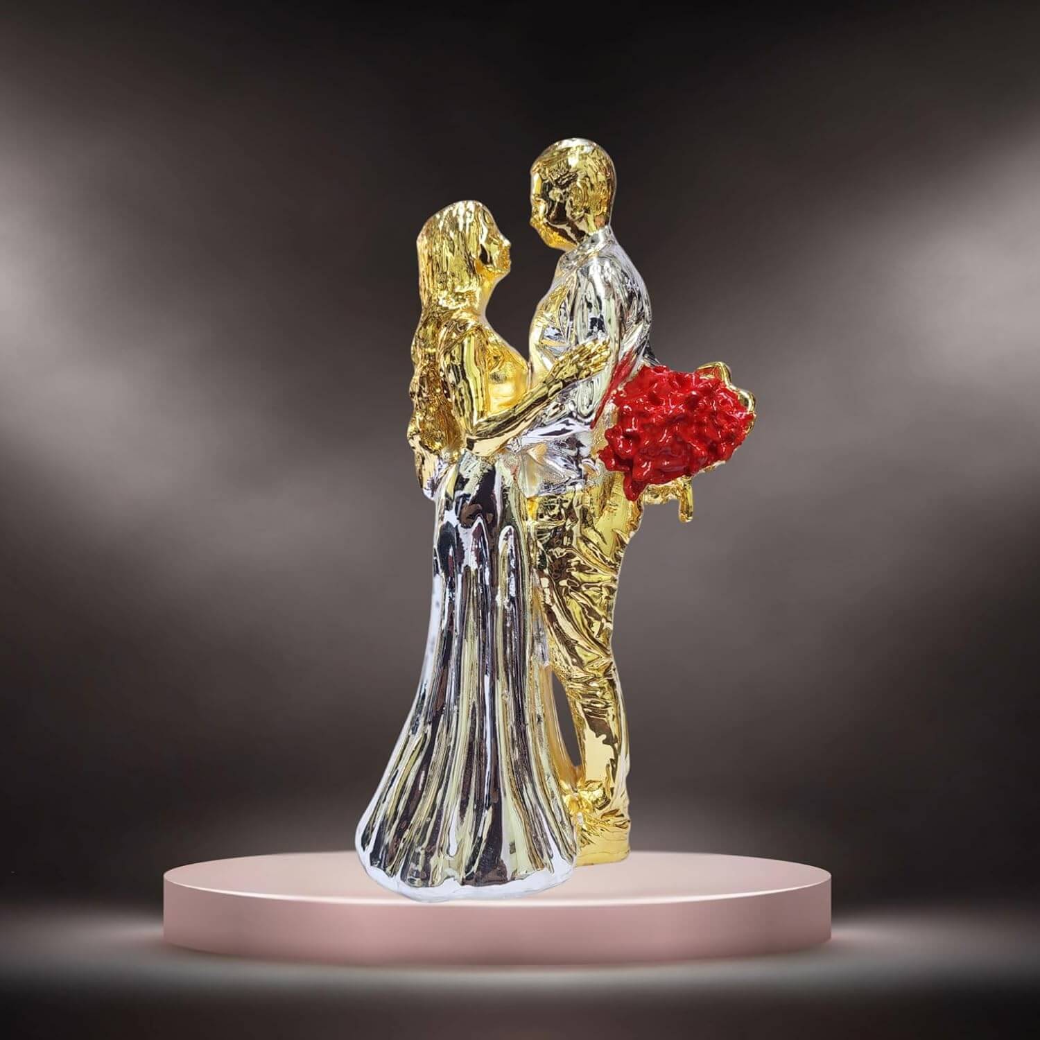 Gold & silver-plated romantic couple figurine with a red rose bouquet.