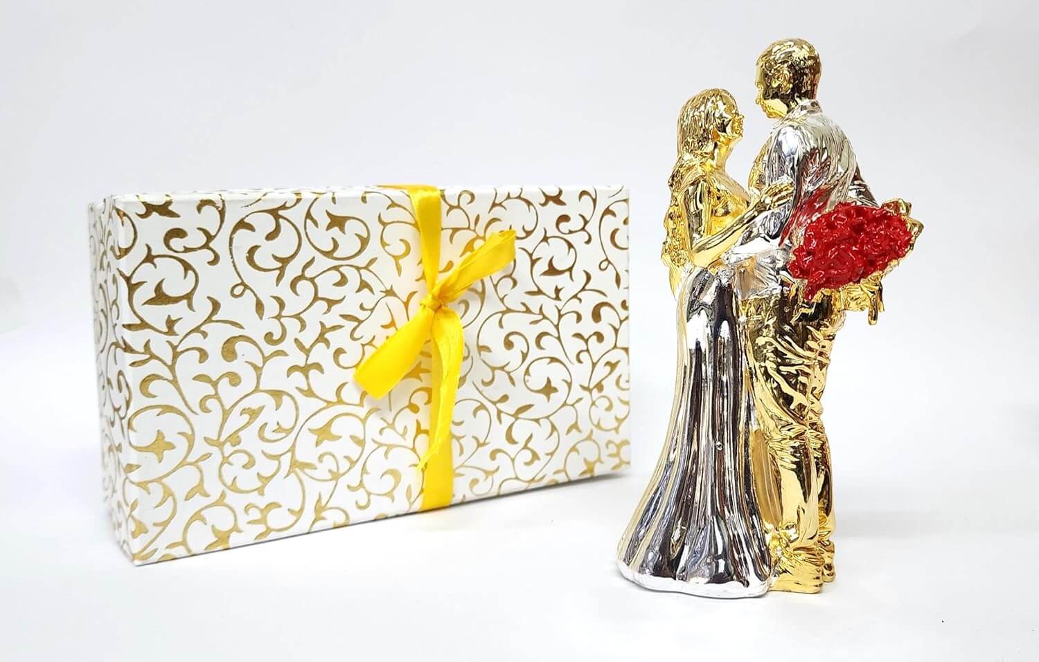 Gold & silver-plated romantic couple figurine with a red rose bouquet.with gifting box
