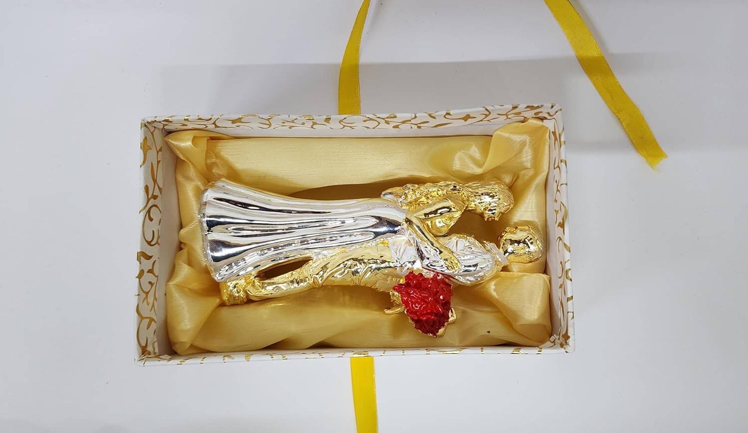 Gold & silver-plated romantic couple figurine with a red rose bouquet. gifting box