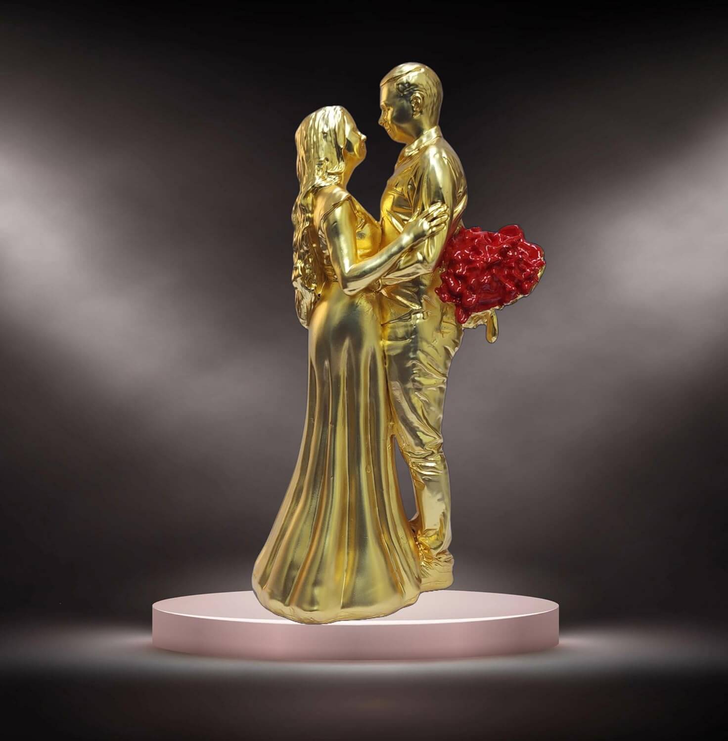Gold-plated romantic couple figurine with a matte finish, holding a bouquet