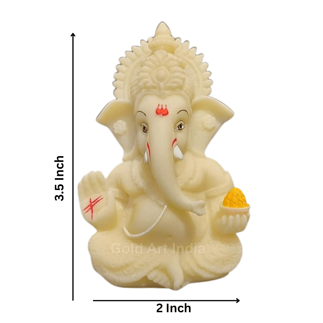 Ivory finish Ganesha idol, 3.5x2 inches, made of solid polyresin, perfect for home decor and gifting.