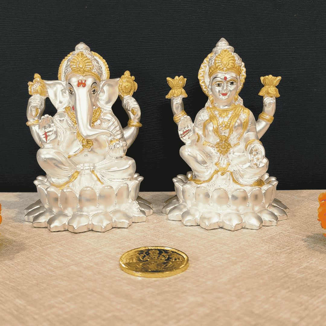 Kamal Laxmi Ganesh silver matte idol with gold plated accents, perfect for home decor, 4.1 inches tall.