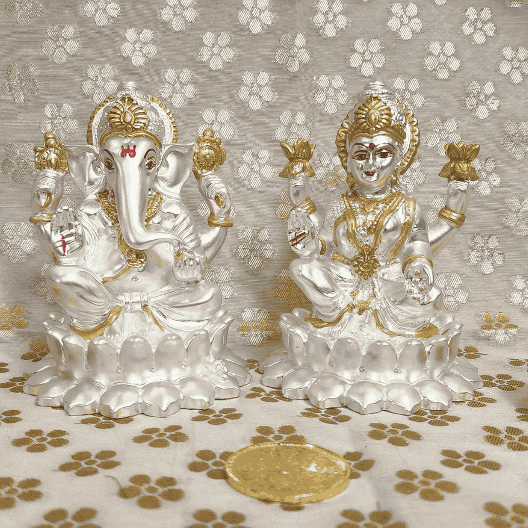 Kamal Laxmi Ganesh Silver Matte Idol, 4.1 inches, with gold-plated coin and intricate jewelry accents.