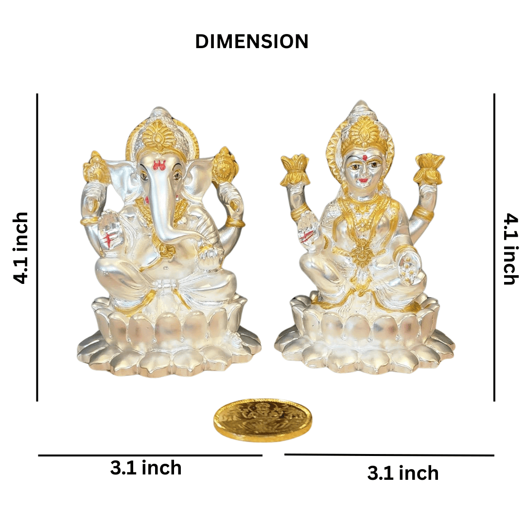 Matte silver Ganesh and Laxmi idol set, 4.1 inches tall, with gold plated coin for home decor.