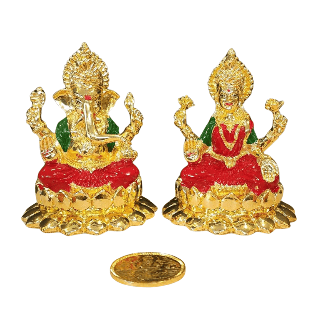 Kamal Laxmi Ganesha Gold Plated Idol Set with Enamel Color, 4" for Home Decor and Blessings.