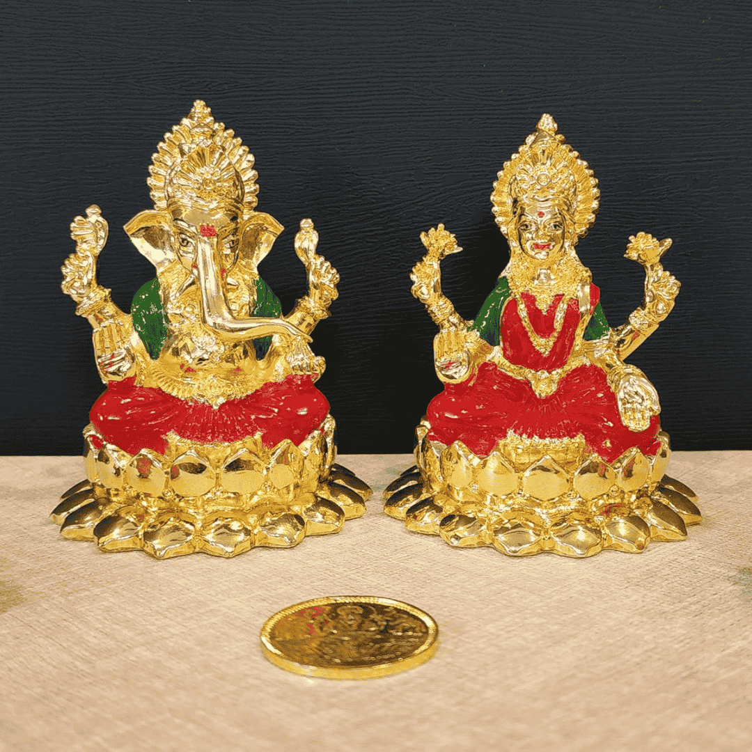 Kamal Laxmi Ganesha gold plated idol set, intricately designed with vibrant enamel colors for home decor.
