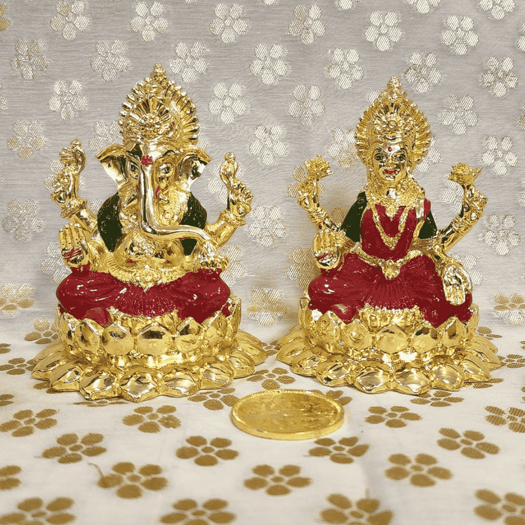Kamal Laxmi Ganesha gold-plated idol set with vibrant enamel colors for home decor and divine blessings.