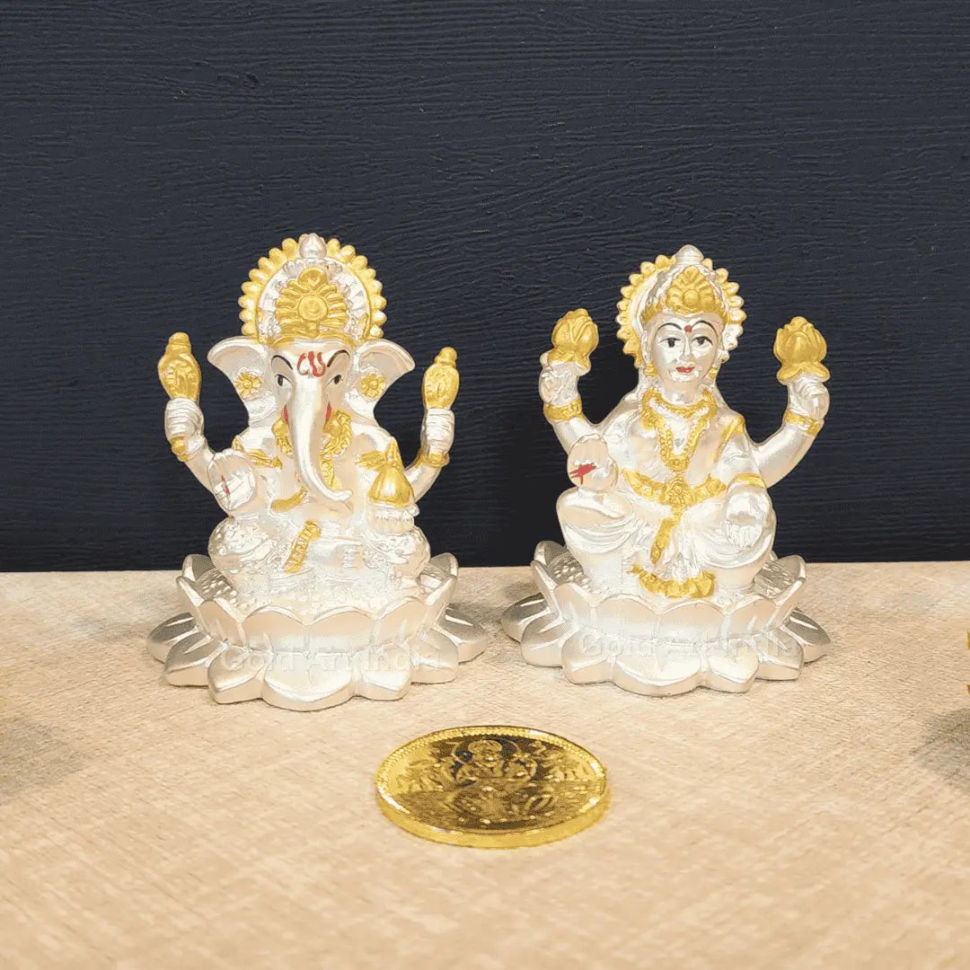 Silver-Plated Laxmi Ganesh Idol with Golden Detailing & Coin – 2.8 Inch