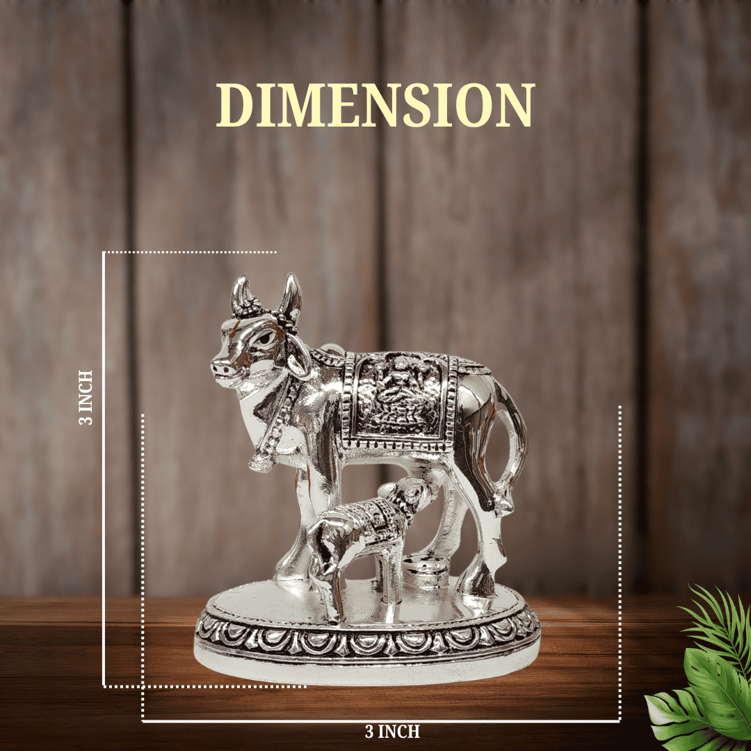 Kamdhenu Cow and Calf silver idol – back and top dimensions view