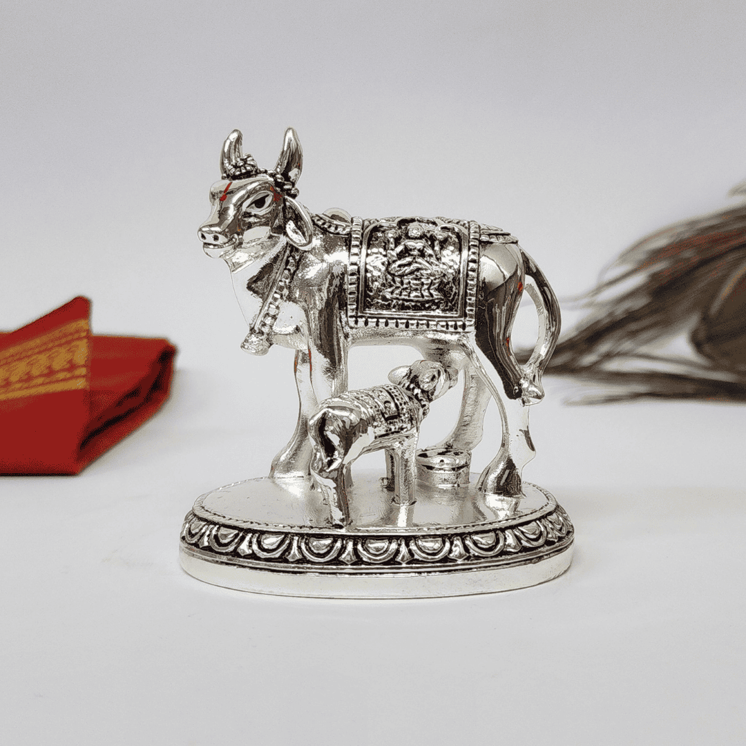 Silver-plated Kamdhenu Cow and Calf idol front view – 3x3 inch glossy finish