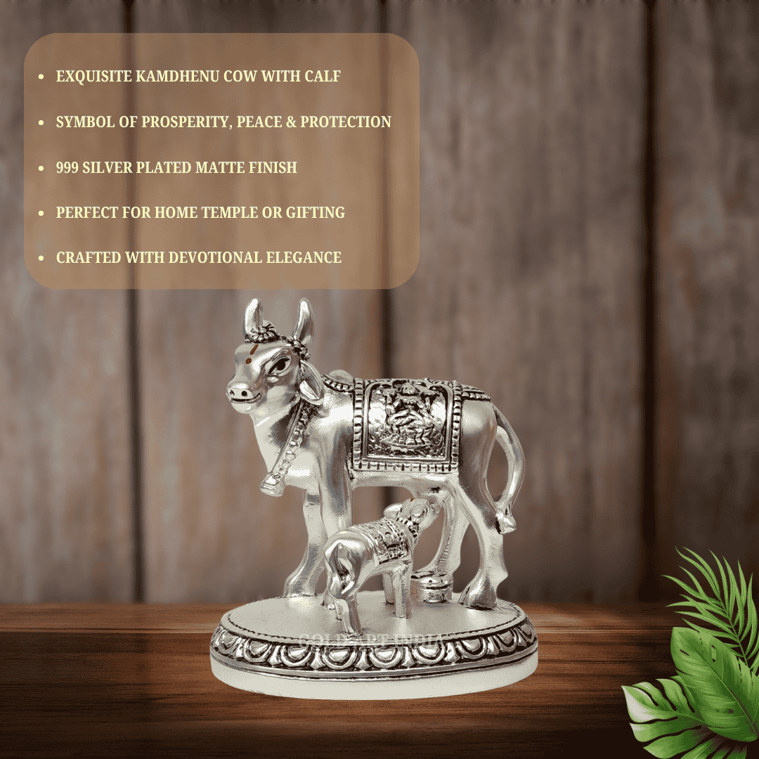 Kamdhenu cow and calf idol with silver matte finish, symbolizing prosperity and perfect for home temple or gifting.