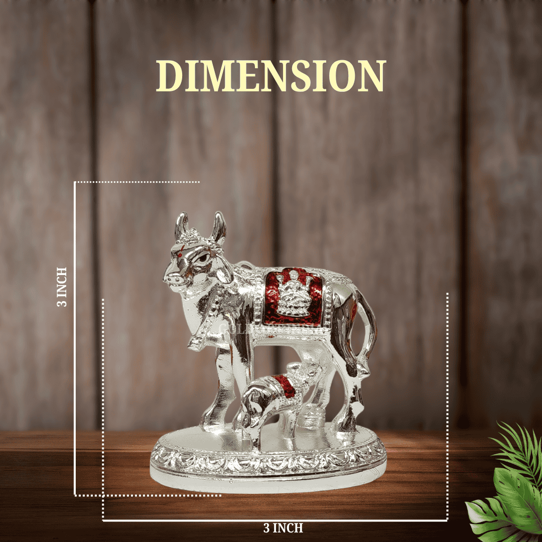 Kamdhenu Cow and Calf Idol, silver-plated, dimension 3x3 inch, decorative god idol for spirituality and prosperity.