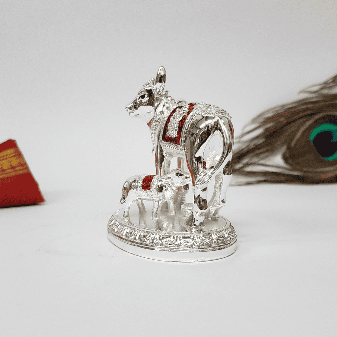 Kamdhenu Cow Figurine with Silver Plating – Side View