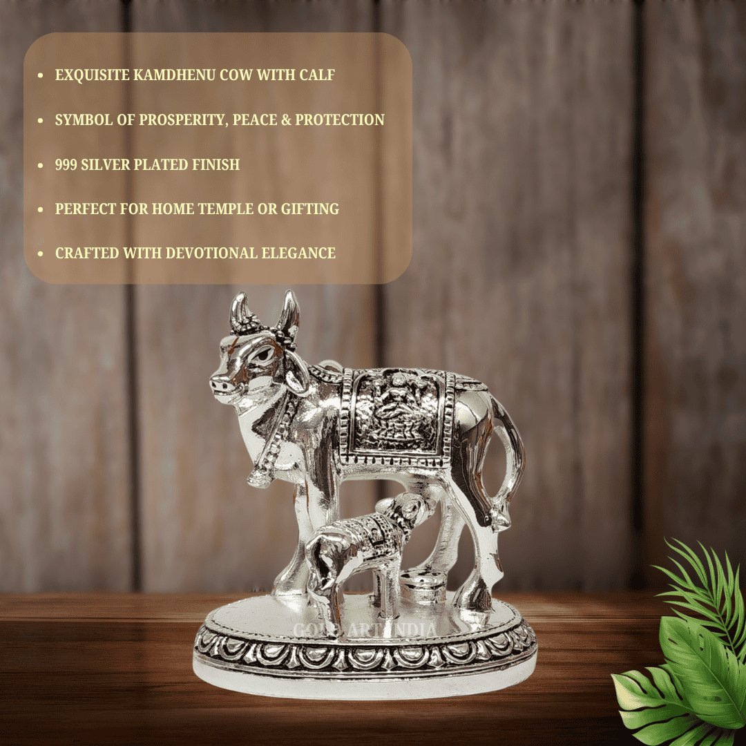 Kamdhenu Cow and Calf idol in glossy silver finish, symbolizing prosperity and protection, ideal for home decor or gifting.