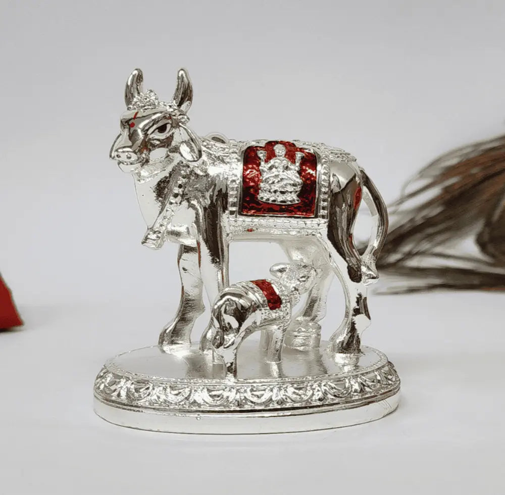 Silver Plated Kamdhenu Cow and Calf Idol with Laxmi Symbol – Front View