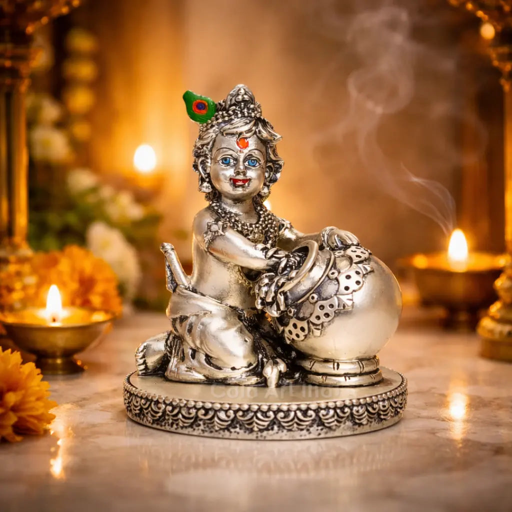 Makhan Krishna Idol – Silver Plated 4x3" | Antique Finish | Gift Idol