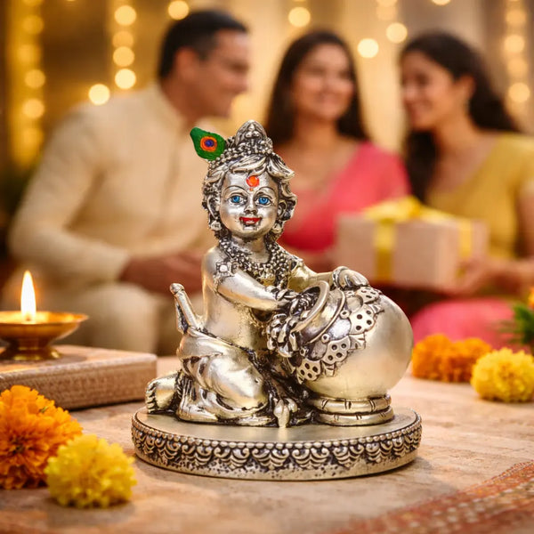 Makhan Krishna Idol โ Silver Plated 4x3" | Antique Finish | Gift Idol