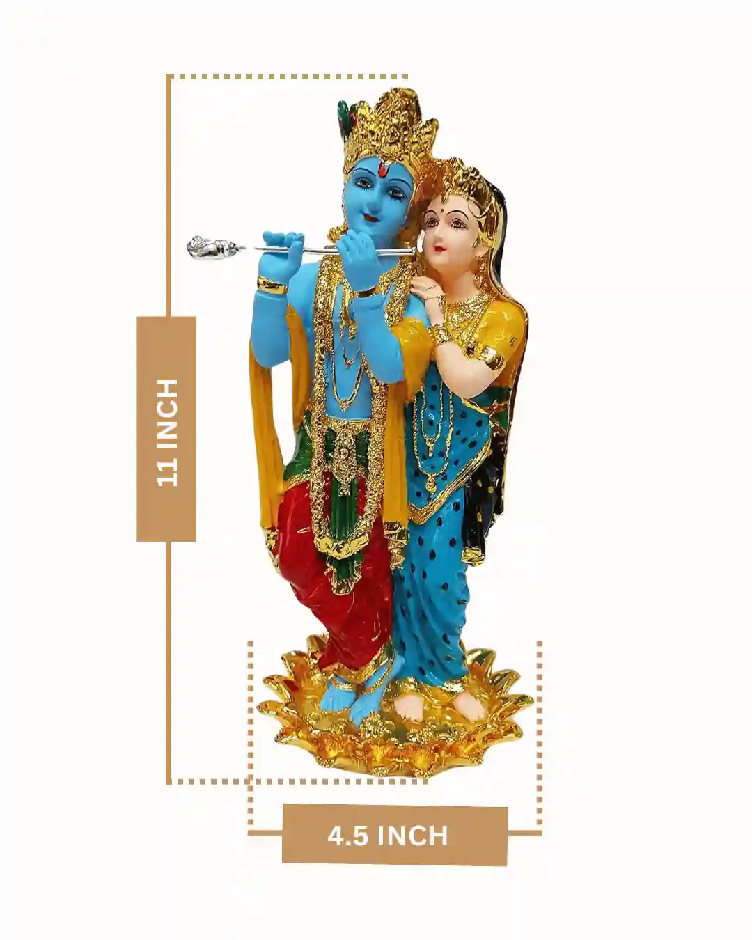 24K Gold Plated Radha Krishna Idol, 11 inches tall, detailed hand-painted aesthetics, perfect for gifts and decor.