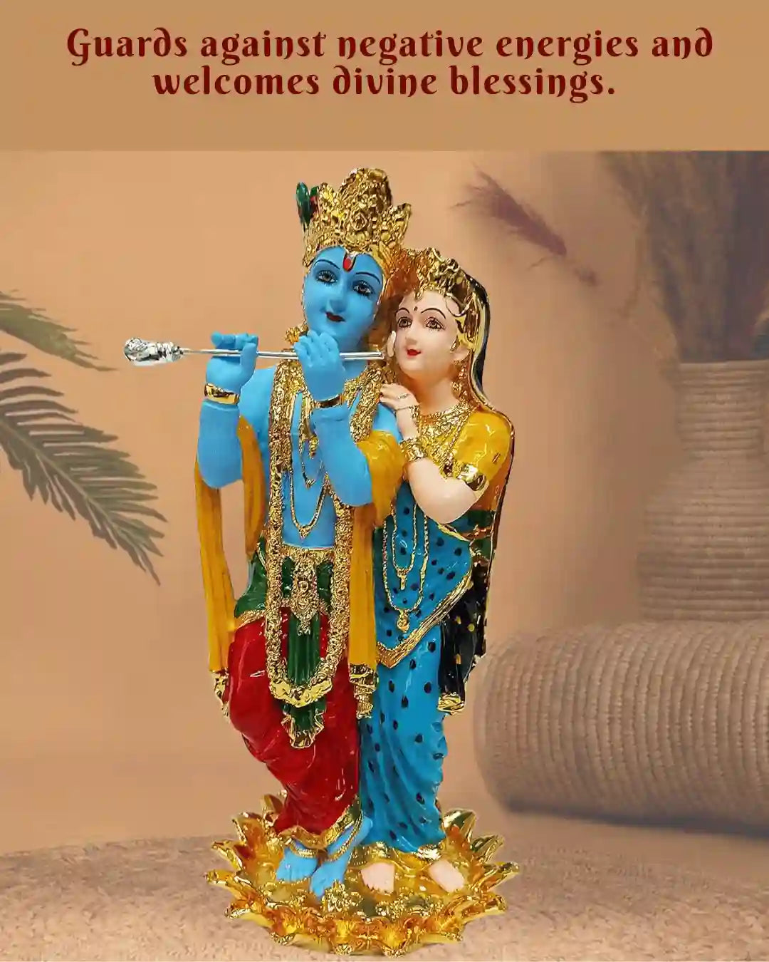 24K gold plated Radha Krishna idol, 11 inches tall, symbolizing love and spirituality, perfect for gifts and blessings.