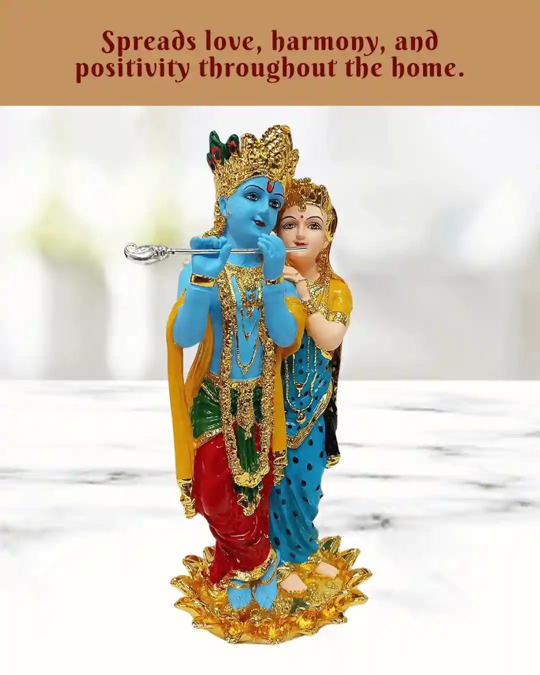 Gold plated Radha Krishna idol, 11 inches tall, symbolizes love and harmony, perfect for gifts and home decor.