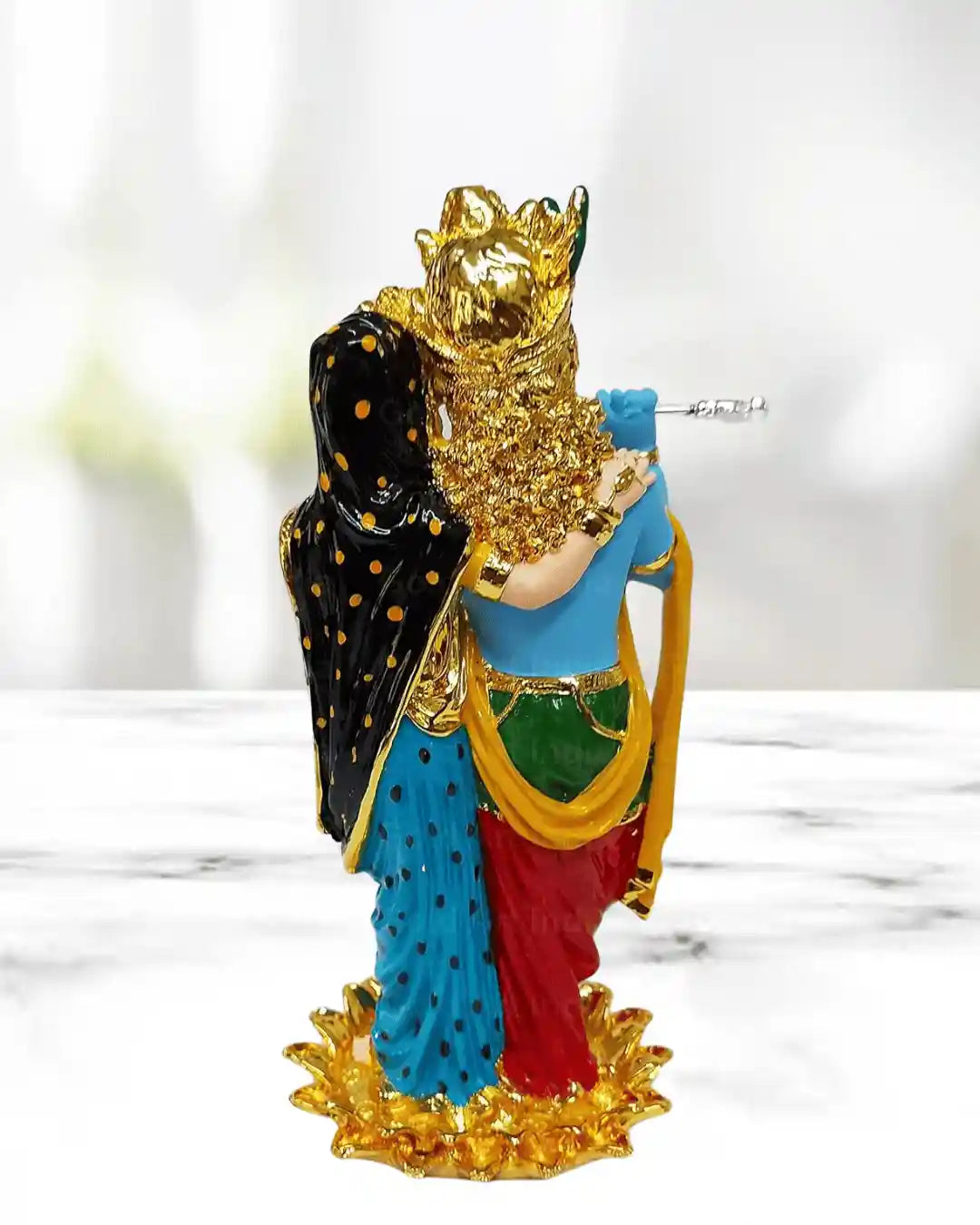 24K gold plated Radha Krishna idol, 11 inches tall, features exquisite detailing, ideal for gifts and decor.