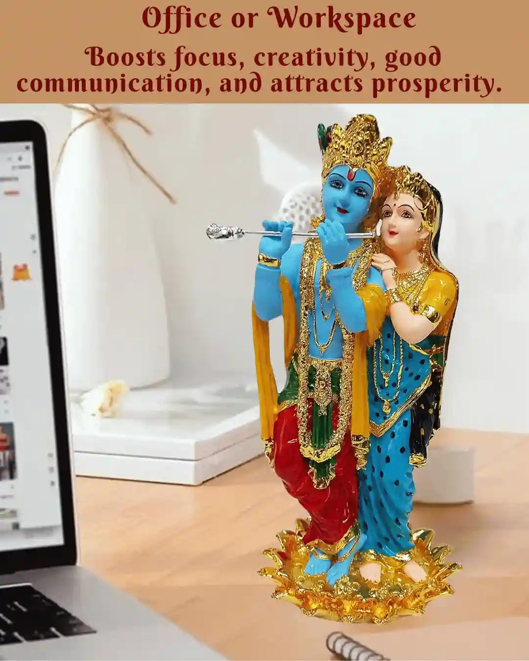 Krishna & Radha Gold Plated Idol, 11 inches, enhances focus and creativity in office or workspace.