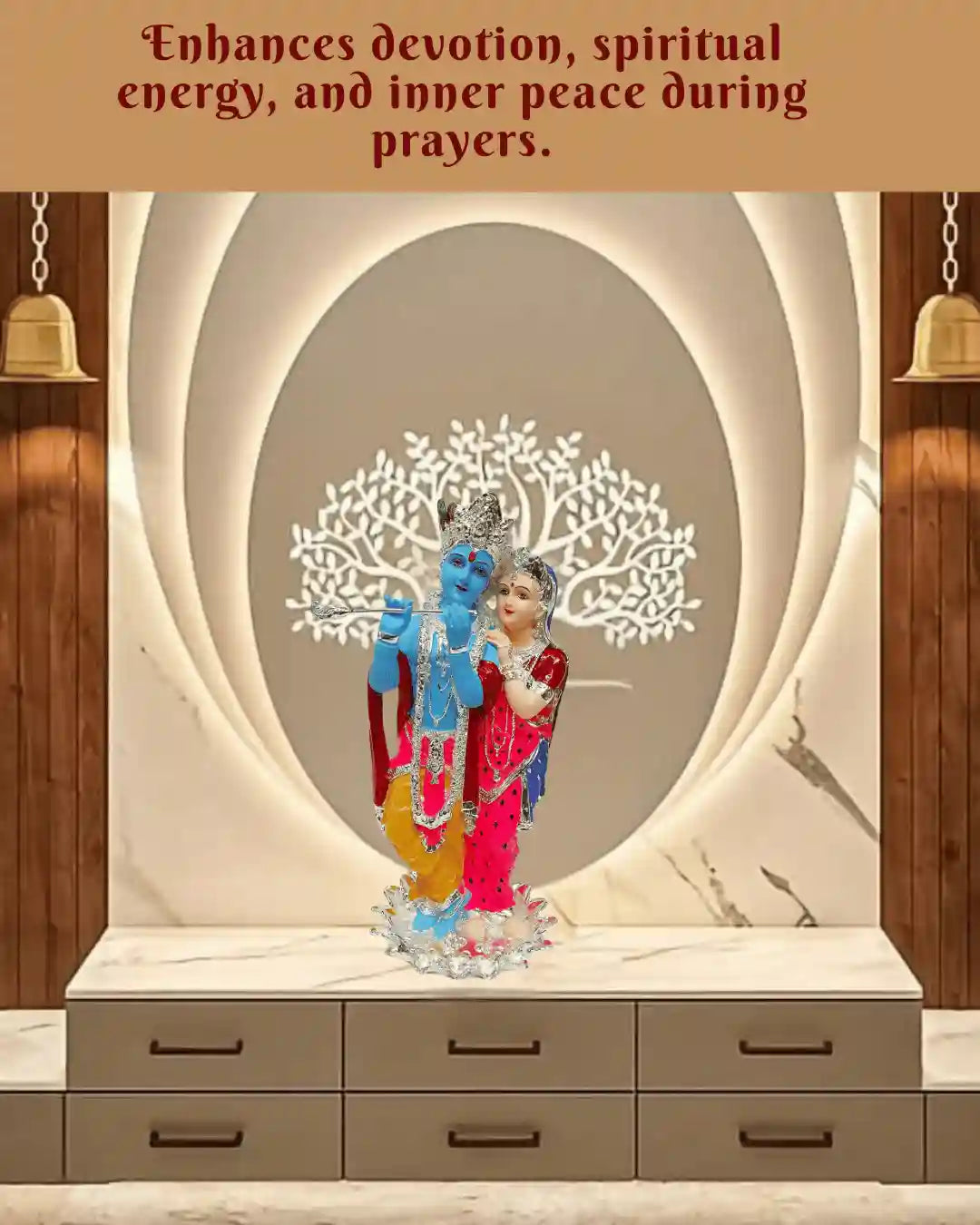 Krishna and Radha silver plated idol on a wooden cabinet, symbolizing devotion and peace during prayers.