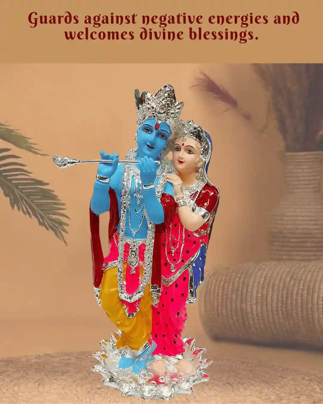 Krishna and Radha silver plated idol, 11 inches, hand-painted, perfect gift for weddings and festivals.