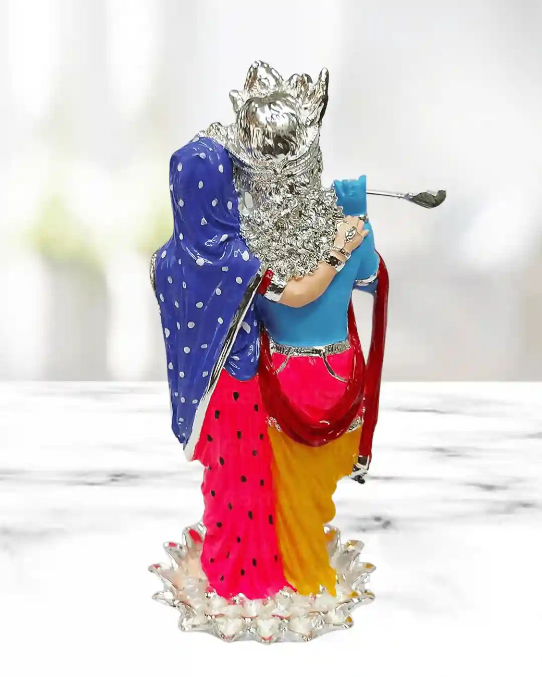 999 Silver plated Radha Krishna idol, 11 inches tall, beautifully hand-painted, perfect for gifts and home decor.