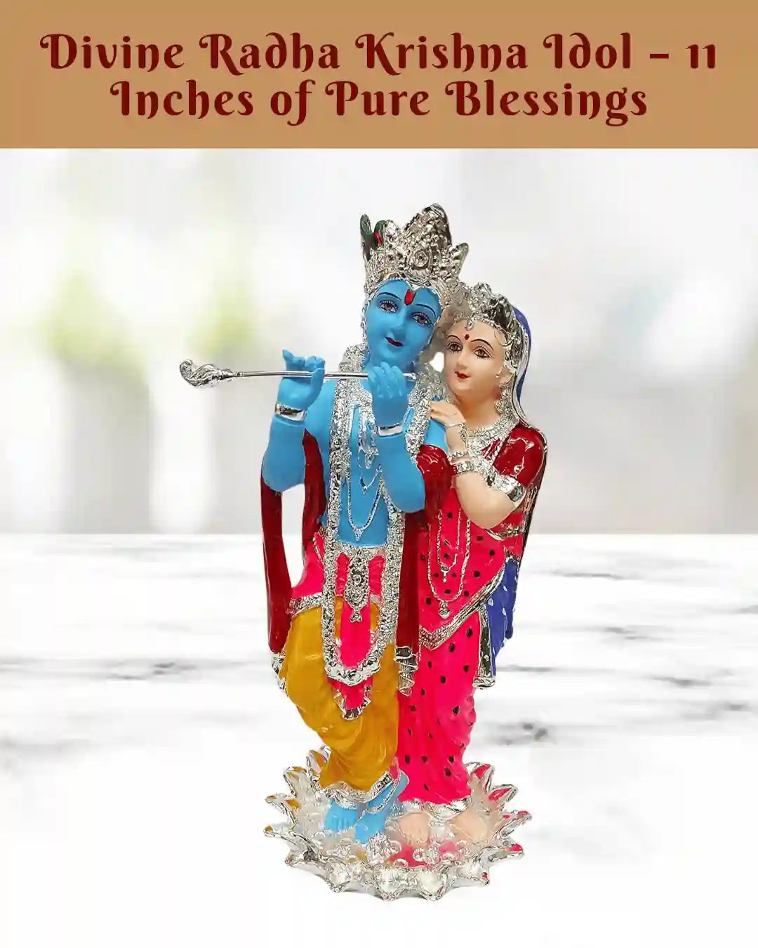 Krishna and Radha silver plated idol, 11 inches, hand-painted, perfect gift for weddings and festivals.