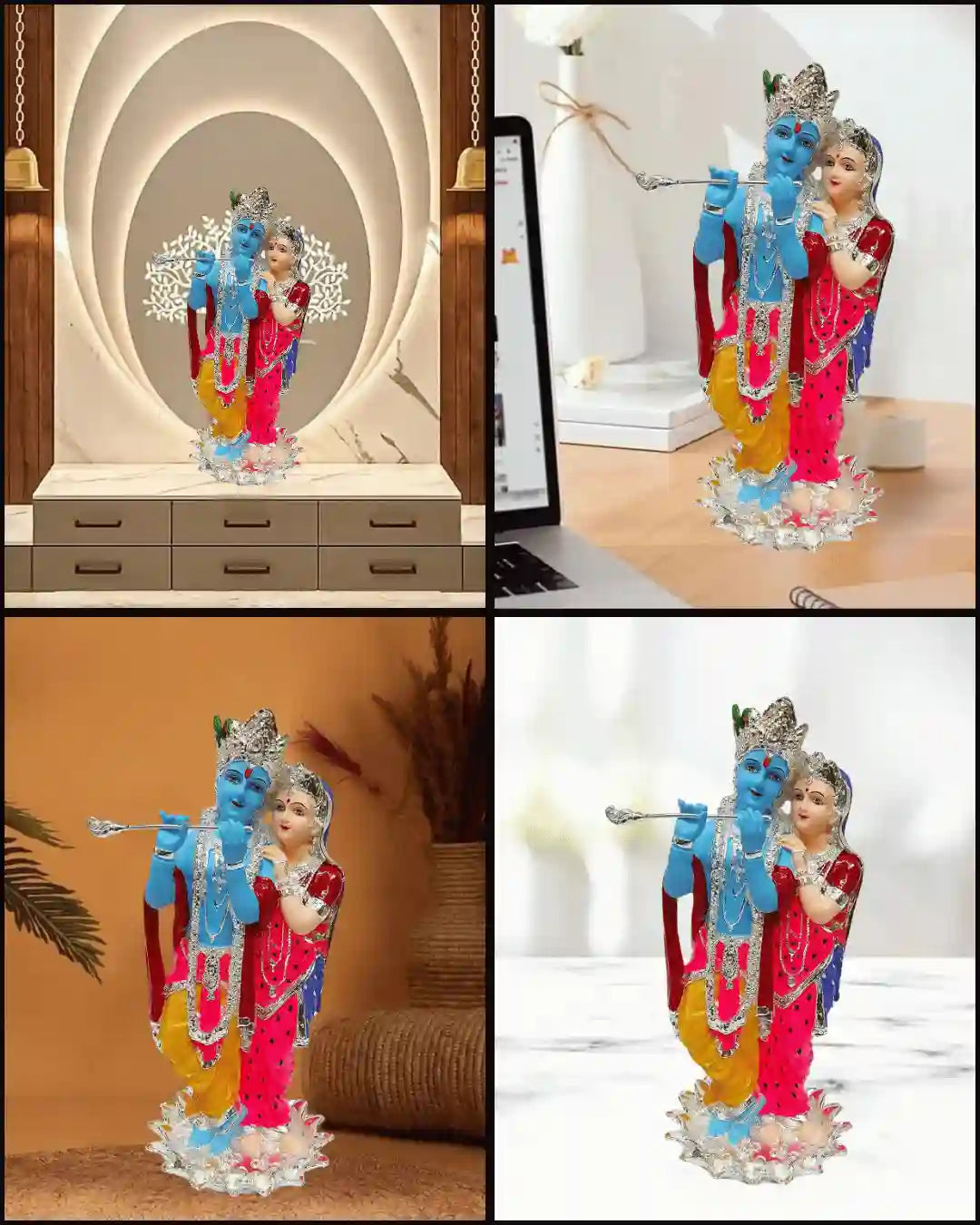 Stunning 11-inch Radha Krishna idol, silver plated with vibrant colors, perfect for gifts and home decor.