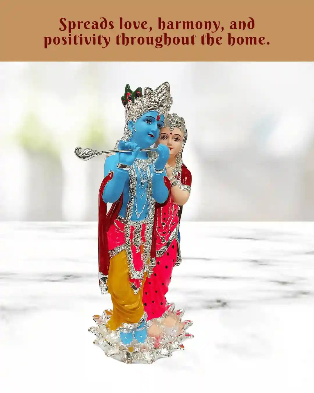 Krishna and Radha silver plated idol, 11 inches tall, symbolizing love and harmony, perfect for gifts and home decor.