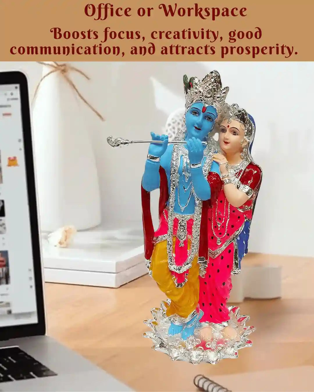 Krishna and Radha silver plated idol, 11 inches, enhances creativity and prosperity in office or workspace decor.