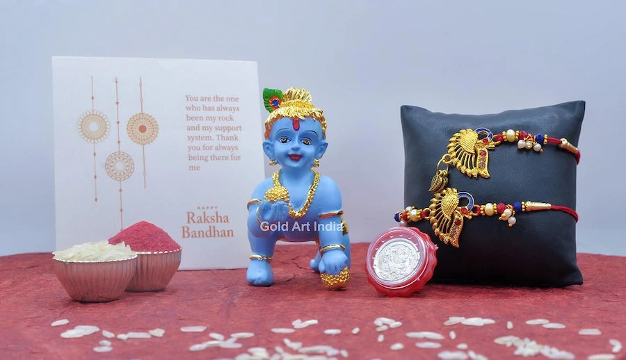 Laddu Gopal Krishna Rakhi combo with Rakhi, coin, and card hero picture