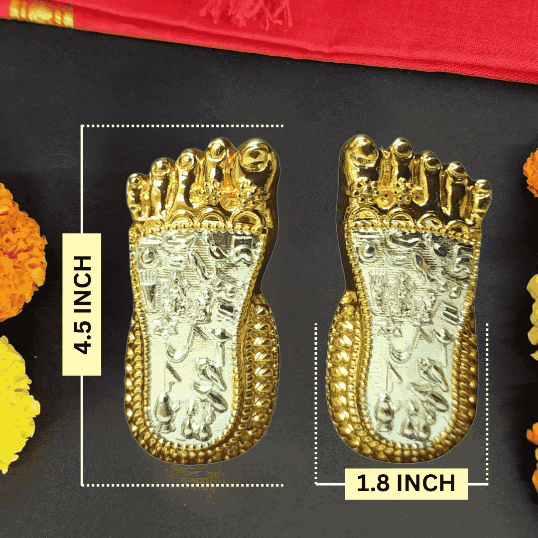 Laxmi Charan Paduka in gold and silver plating, measuring 4.5 inches, ideal for spiritual decor and blessings.