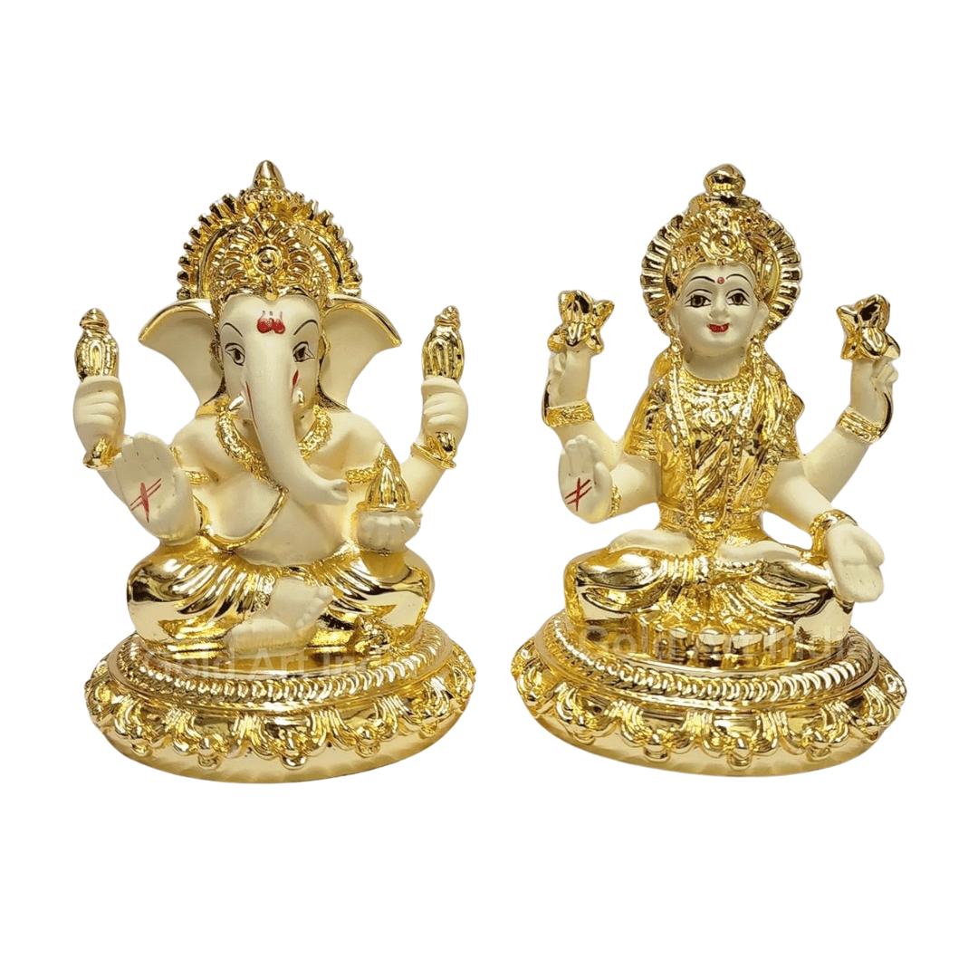 Gold plated off-white terracotta idols of Lord Ganesha and Goddess Laxmi sitting on intricately designed bases, ideal for puja, home decor, and gifting.