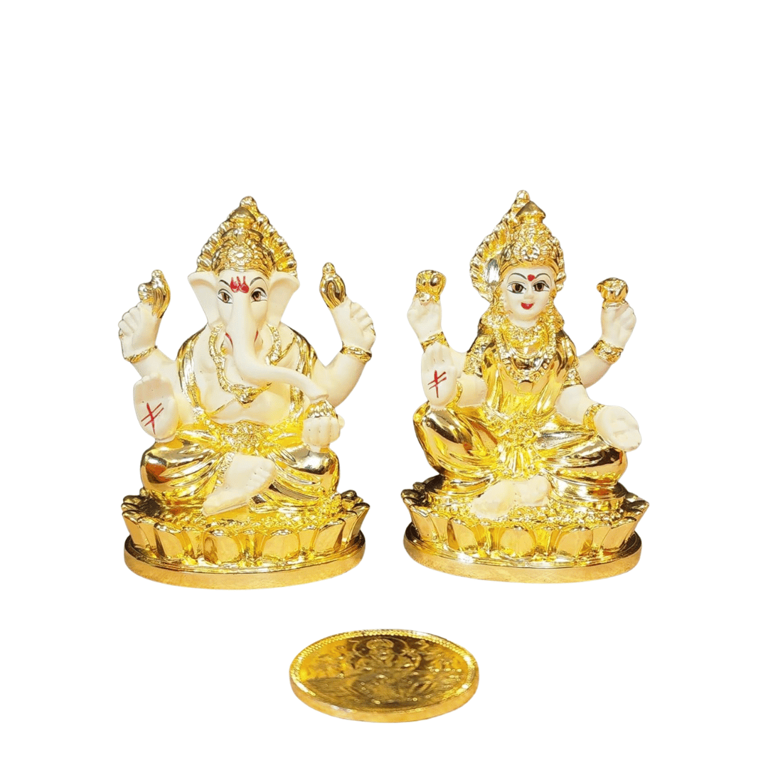 Laxmi Ganesh gold plated terracotta idol on lotus base, 3-inch home decor for spirituality and positivity.