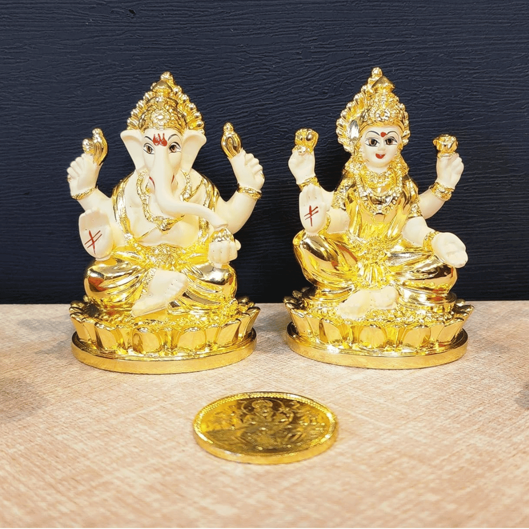 Laxmi Ganesh gold plated terracotta idol set on kamal bases, 3-inch size, perfect for puja or gifting.