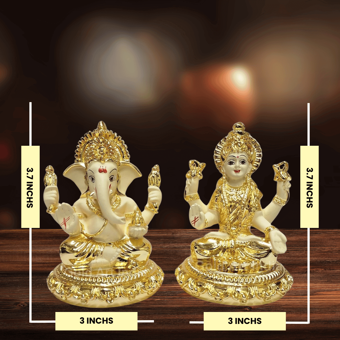 Gold plated off-white terracotta idols of Lord Ganesha and Goddess Laxmi sitting on intricately designed bases, ideal for puja, home decor, and gifting.