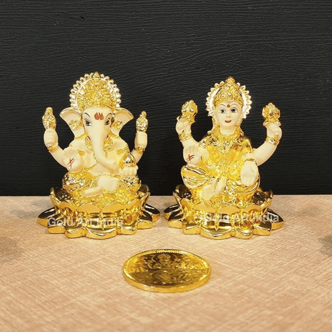Laxmi Ganesh gold plated terracotta idols set, 2.8 inches, symbolizing prosperity and blessings for home decor.