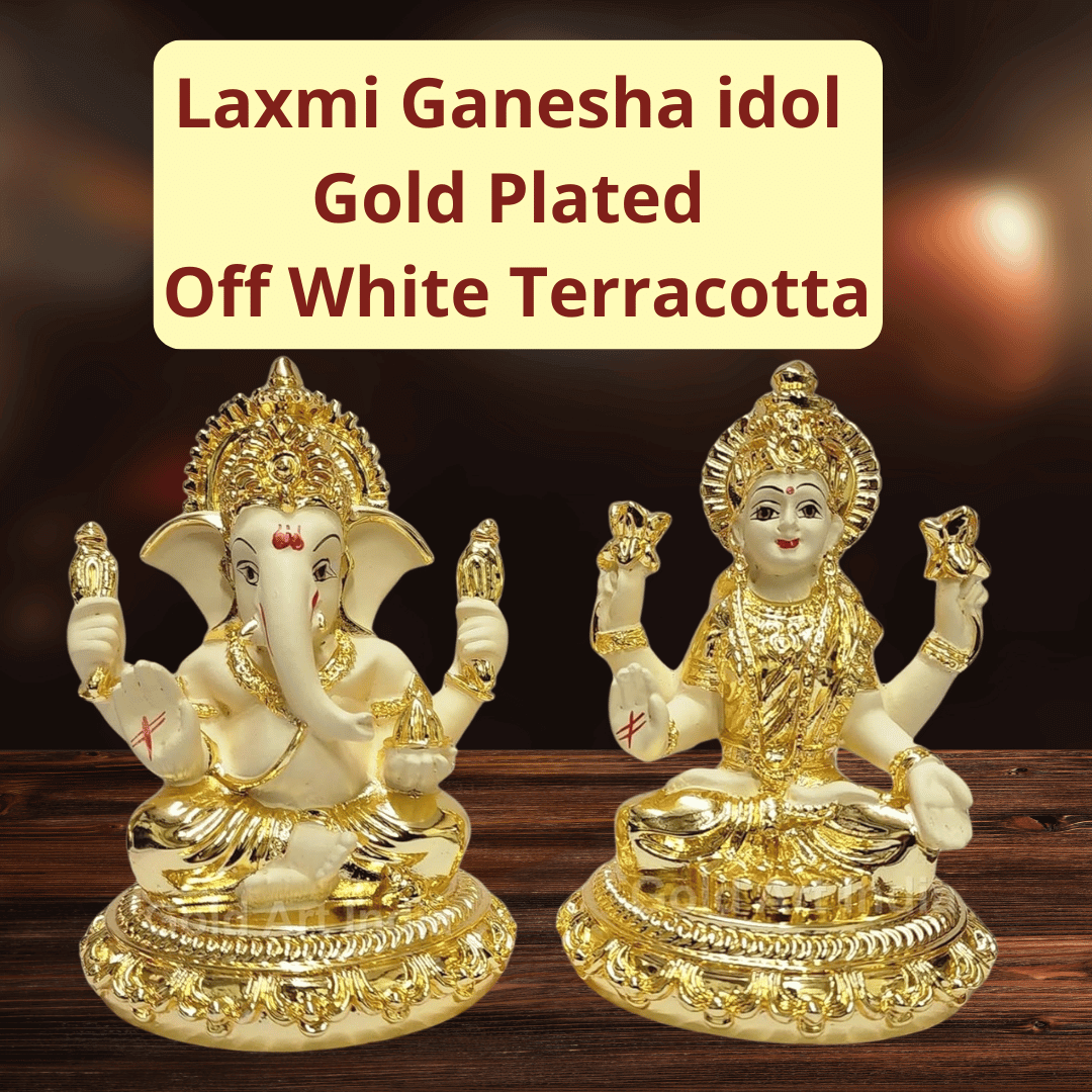 Gold plated off-white terracotta idols of Lord Ganesha and Goddess Laxmi sitting on intricately designed bases, ideal for puja, home decor, and gifting.