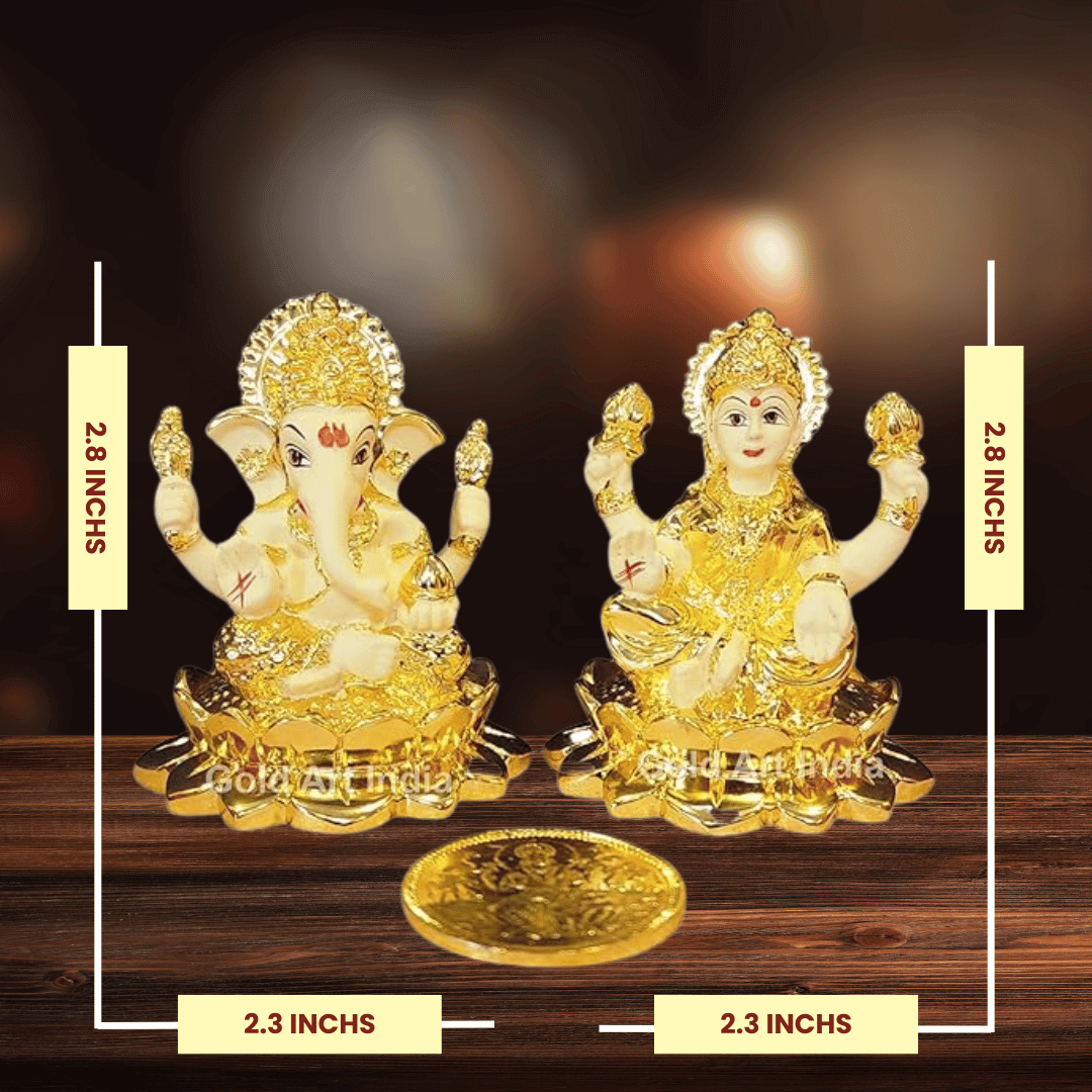 Laxmi Ganesh Gold Plated Off White Terracotta Idol Set 2.8 inch, perfect for Diwali and home worship.