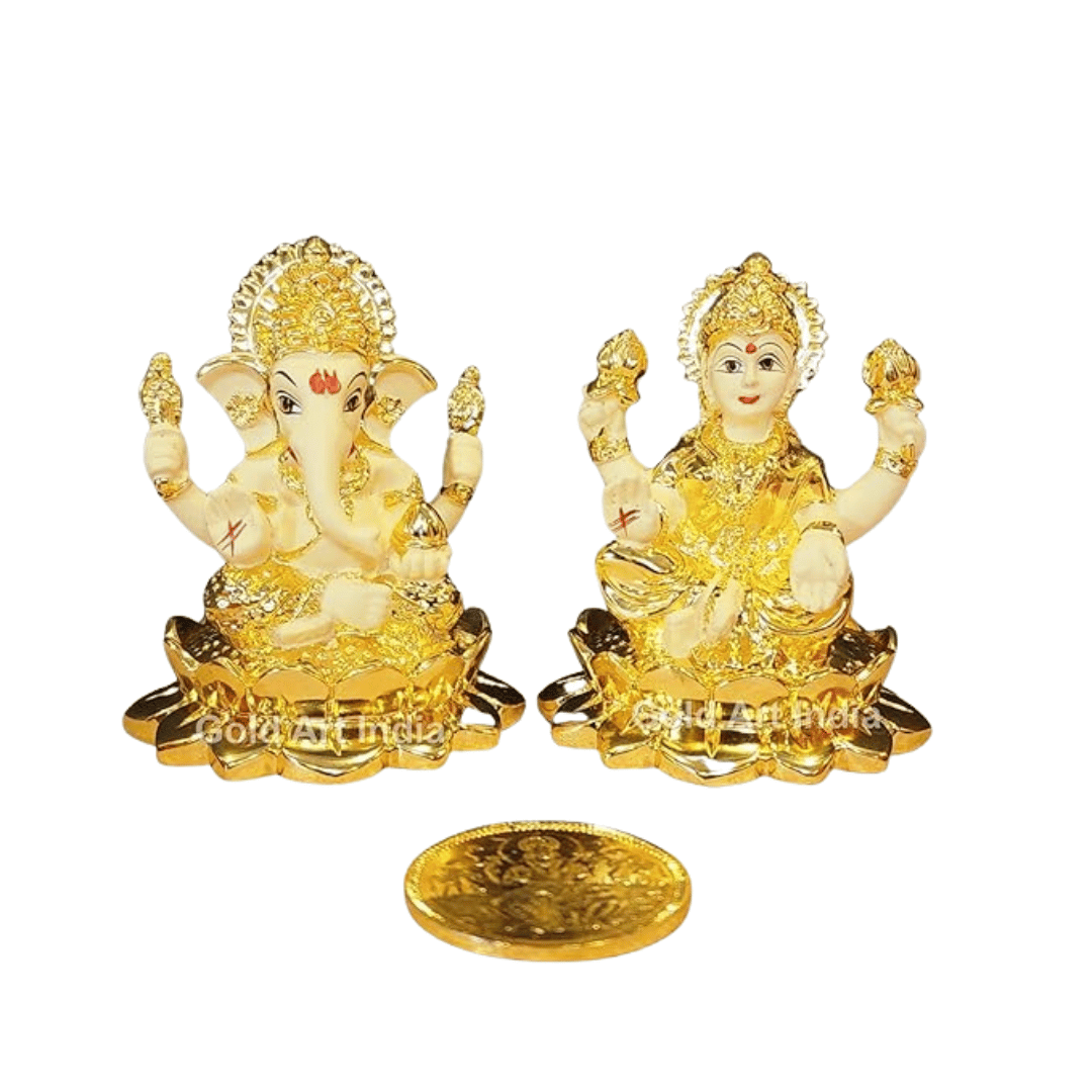 Laxmi Ganesh gold plated terracotta idol set, 2.8 inches, perfect for Diwali and spiritual decor.