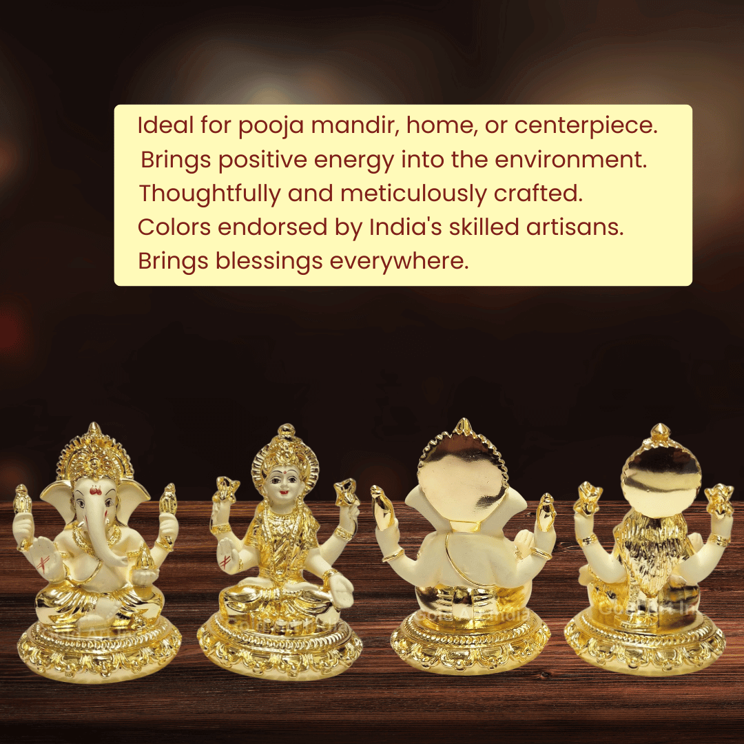 Gold plated off-white terracotta idols of Lord Ganesha and Goddess Laxmi sitting on intricately designed bases, ideal for puja, home decor, and gifting.