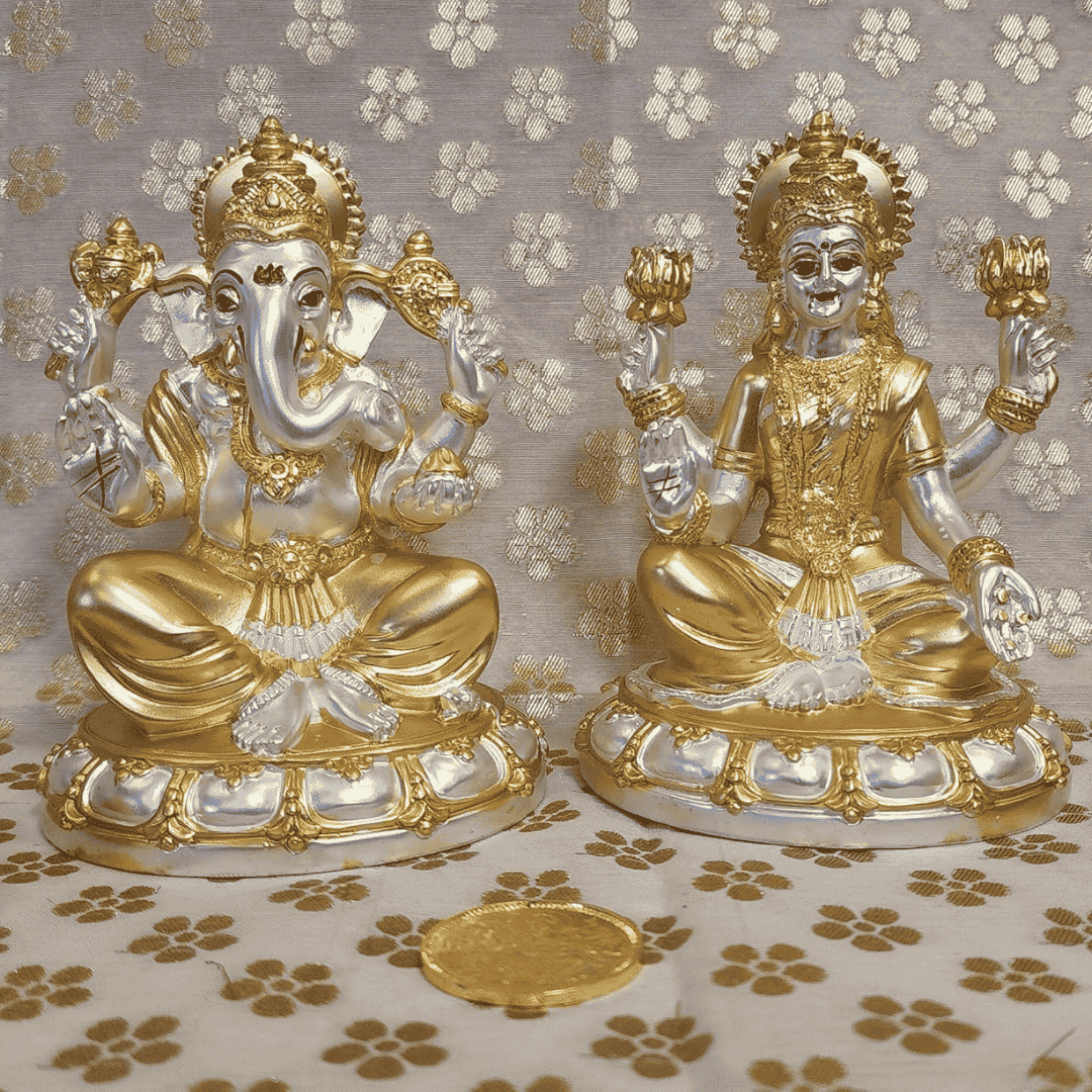 Gold plated Laxmi and Ganesha idol set, perfect for Diwali Puja and home decor, featuring a luxurious matte finish.