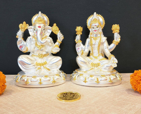 LAXMI GANESHA : Silver Plated Matte Finish Mata Laxmi & Lord Ganesha | Diwali Puja | Gifting | Home Decor 5" inch